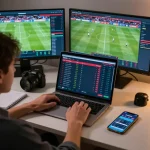 SOCOLIVE user engaging in live sports betting with multiple screens showing matches, creating an exciting atmosphere.