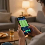 Xoilac user engaging in sports betting on smartphone with live football odds in a cozy home.