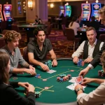 Players engaged at a poker table in luxury casino setting on lu88xz, featuring chips and cards.