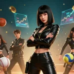 Engage with the exciting world of sc88 online betting featuring a powerful Asian woman amidst flying sports elements and golden Bitcoin coins.