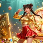 Engage with exciting kubet88 gameplay featuring a vibrant Asian woman celebrating amidst glittering casino elements.