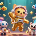 Experience thrilling action in link vào o8 with a vibrant 3D illustration of a cat astronaut and robot dog, celebrating the casino games.