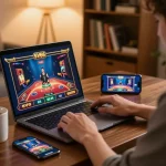Engaging online player enjoying SV66 casino games on a laptop in a cozy home setting.