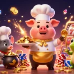 Engage with 79kingv's vibrant casino scene featuring a chef pig serving gold coins amidst dynamic slot reels.