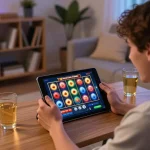 Engaging in a Pragmatic Demo slot game on a tablet in a cozy living room.