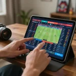 Engaged gambler placing strategic bets on MMOO sports betting app while relaxing at home.