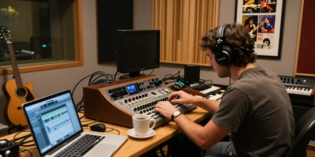 Audio engineer using a Tascam DA-88 in a vintage recording studio for music production.
