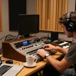 Audio engineer using a Tascam DA-88 in a vintage recording studio for music production.
