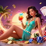 RĂșt tiá»n cm88 with glittering casino elements and vibrant tropical cocktail scene.