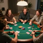 Friends enjoying a lively poker night at home, celebrating wins with 33WIN's engaging atmosphere.