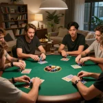 Engaged players strategizing during a lively poker game at home, showcasing 33win's exciting gaming atmosphere.