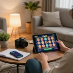 Engaged player enjoying Fly88 games on tablet in cozy home environment, showcasing a blend of responsible gaming and comfort.