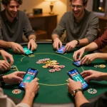 Friends enjoying Go8 casino game on smartphones during a fun home gambling night.