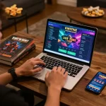 Engaging with the TR88 casino app during an online gaming session, highlighting strategy elements and a cozy setting