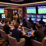 E2bet sports fans cheering during a live betting event in a vibrant casino atmosphere.