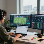 Tỷ lệ kèo analysis in a modern home office with live sports data and betting strategies.