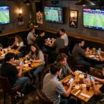 Experience the thrill of 7mz sports betting as friends engage with dynamic games, screens, and excitement.
