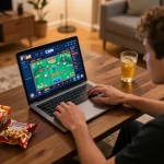 Player engaging with F168 COM online casino interface while enjoying snacks in a cozy home environment.