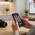 Player enjoying F168 casino app on smartphone in stylish home office environment