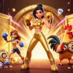 Win big with Sunwin: vibrant scene of a golden casino adventure with a boxing champion.