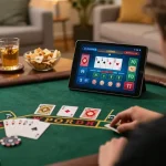 Player enjoying Ga368 live dealer gaming session on tablet, cozy home setting with snacks.