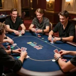 Players revealing cards in an alo8 poker game, showcasing competitive gameplay in a luxurious casino.