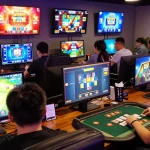 Exciting gaming atmosphere showcasing players enjoying game bài đổi thưởng uy tín at their virtual setups with colorful game interfaces.