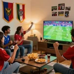 Xoilac soccer fans cheering while watching a live match on TV in a cozy living room environment.