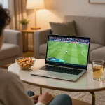 Socolive user watching live soccer on a laptop in a cozy home setting with snacks and drinks.