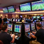 Kèo nhà cái sports betting enthusiasts analyzing odds at a modern casino