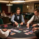 Fly88 players strategizing during a live blackjack game with dealer and cards visible