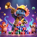 Win big at o8 as a triceratops builds a poker chip pyramid amongst vibrant gaming elements.
