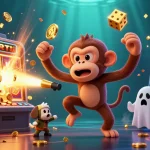 S8 casino features a playful poltergeist monkey juggling casino items while a ghost-hunter puppy tracks it.
