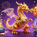 Tg88 players enjoy immersive gaming through a dynamic cartoon illustration with a golden dragon and exciting slot games.