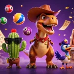 Win big with SC88 gaming excitement featuring a T-Rex cowboy, lottery balls, and vibrant casino elements!