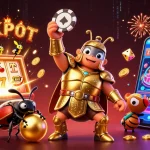 Experience thrilling wins with bd222 as a cartoon beetle raises a poker chip amidst a vibrant casino scene.