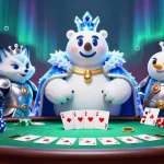 Exciting gameplay scenes at Tg88 with a polar bear king and snow fox gambling with poker elements.