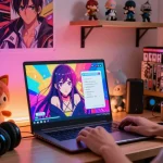 Engaging in ai ecchi chat with vibrant anime character on a sleek laptop in a cozy gaming room.
