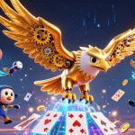 M88 link alternatif showcases a dynamic scene with a cybernetic golden eagle amidst sports-themed elements and holographic cards.