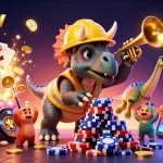 Building excitement at fly88hv: a colorful casino scene featuring a triceratops and gaming elements.