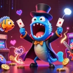 Engage with da88's vibrant gaming scene featuring a deep-sea gulper eel performing casino magic tricks.