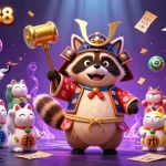 Engage with sunwin88's lively gaming scene featuring a cheerful tanuki, fortune cats, and dynamic lottery elements.