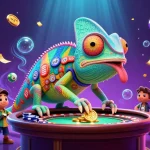 Experience bet 365's vibrant atmosphere with a chameleon casino owner and dynamic lottery elements.