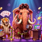 Spin the reels at go88elite with a vibrant casino scene featuring cartoon characters, playing cards, and gold coins.