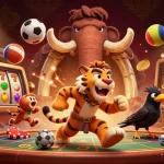 Engage in thrilling gaming at EE88 with vibrant casino elements and characters in a dynamic illustration.