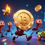 Sun win ants carry a giant poker chip through digital realms with crypto coins and neon effects.