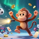 Engage in thrilling gameplay at ee88 casino, featuring a mischievous monkey juggling golden gambling tokens and sports elements.
