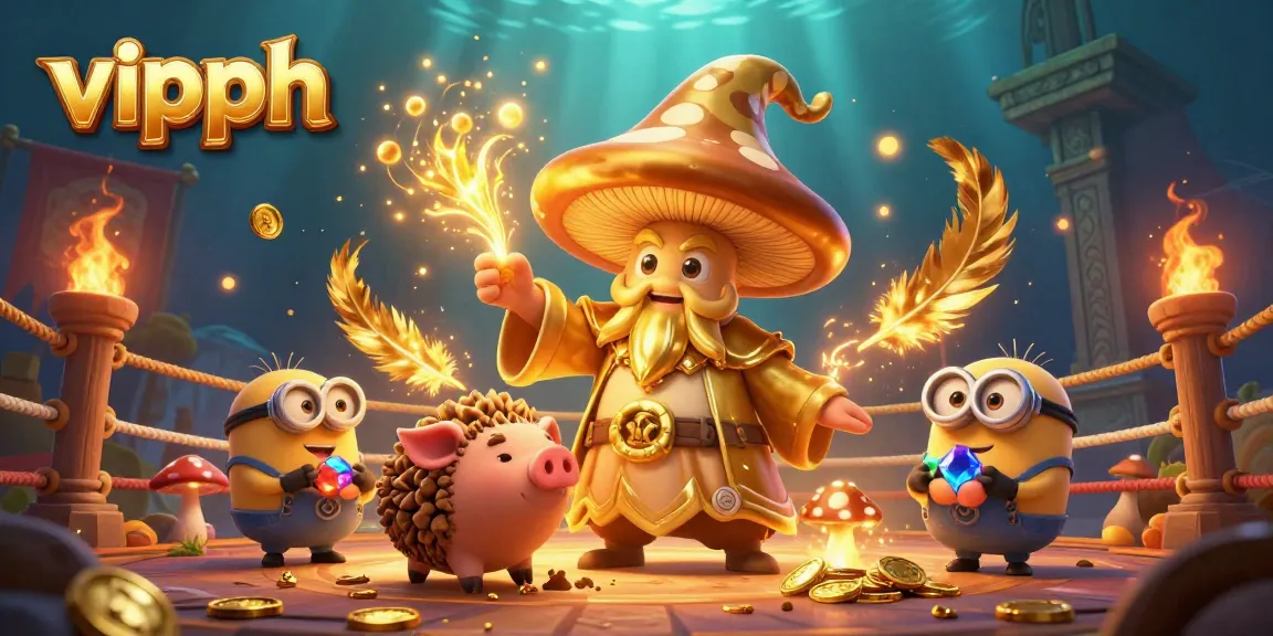 Experience the magic of vipph with a golden wizard and treasure-hunting pig in a vibrant casino scene.