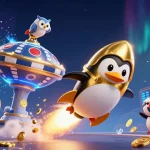 Experience the excitement of rikvip with a dynamic casino-themed 3D illustration featuring a golden penguin in space.
