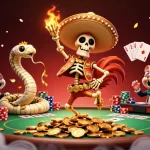 E2BET brings excitement to poker games with a vibrant 3D illustration of gambling characters.
